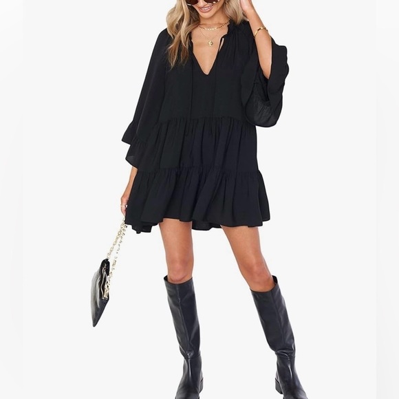 Women’s Black Longer Sleeve Mini Dress Viola Peasant Ruffle New XS - Picture 1 of 14